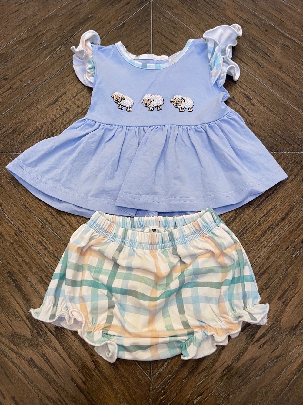 Sew Magnolia Smocks Blue Sheep Ruffle Top & Pastel Plaid Bloomers Set